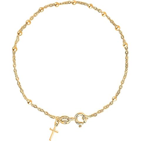 Savlano 925 Sterling Silver Italian Rosary Solid Bead Chain Cross Pendant - 18K Gold Plated 7 Inches Bracelet Comes With Gift Box for Women - Made in Italy (7, 3mm) Cover