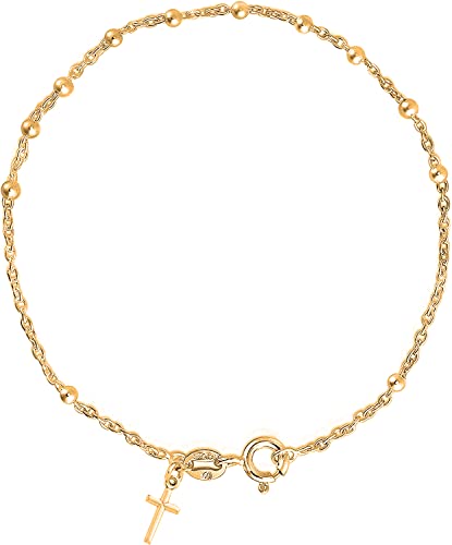 Savlano 925 Sterling Silver Italian Rosary Solid Bead Chain Cross Pendant - 18K Gold Plated 7 Inches Bracelet Comes With Gift Box for Women - Made in Italy