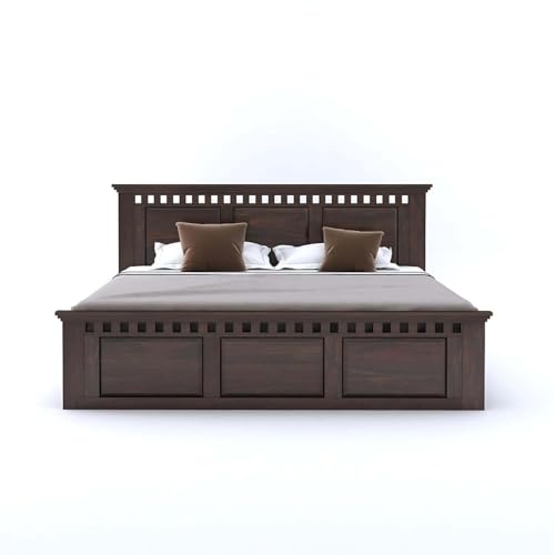 Image of Sheesham Wood Queen Size Bed with Box Storage | Solid Wooden Cot Bed | Double Bed Furniture for Bedroom Living Room Home - Q 05 (Walnut Teak Finish)