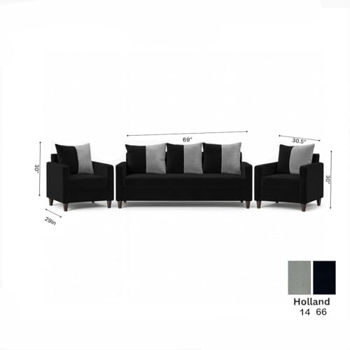 Image of FURNY Rion 5 Seater Fabric 3+1+1 Sofa Set (Black-Light Grey) Premium Velvet Finish | Durable & Comfortable | Ideal for Living Rooms