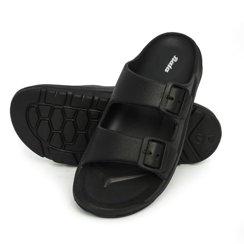 Image of Bata Men Black Comfort Sandals, Double Buckle Strap, EVA Material, Honeycomb Textured Sole, Casual Summer Waterproof Slides