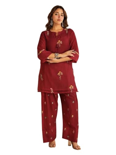 Image of ANNI Designer Farshi Salwar Suit for Women Viscose Embroidered | Co Ord Set for Woman | Straight Kurta Palazzo Outfit Round Neck V Slit 3 /4 Sleeve Ethnic Dress Womens Clothing