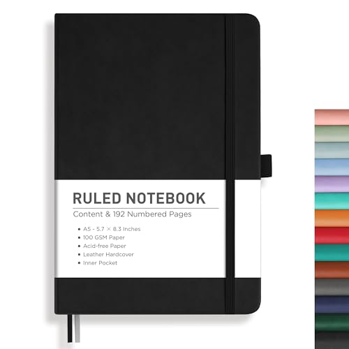 Image of RETTACY Lined Journal Notebook, 192 Numbered Pages, A5 Size (5.7'' x 8.3'') | Leather Hardcover, 100 GSM Thick Paper, for Men & Women, Journaling, Writing, Work & Office (Black)