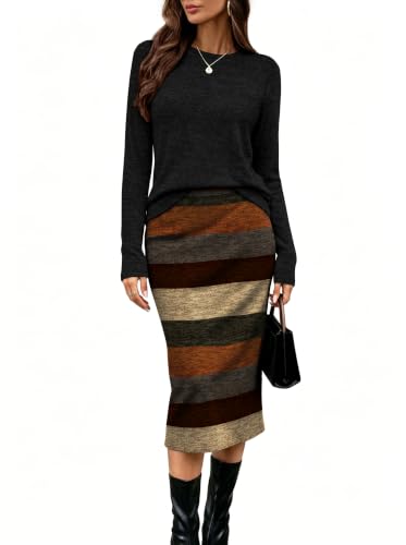 OFEEFAN Women 2 Piece Outfits Midi Skirt Set Fall Loungewear Black Stripe M | Long sleeve top matching skirt with pockets dressy casual, sweater dress set, lounge wear, fashion travel vacation clothing - image 1