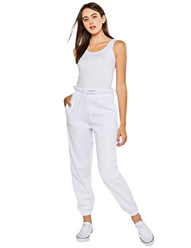 esstive Women\'s Ultra Soft Fleece Basic Midweight Casual Paper Bag Waist Band High Rise Joggers, White, Small