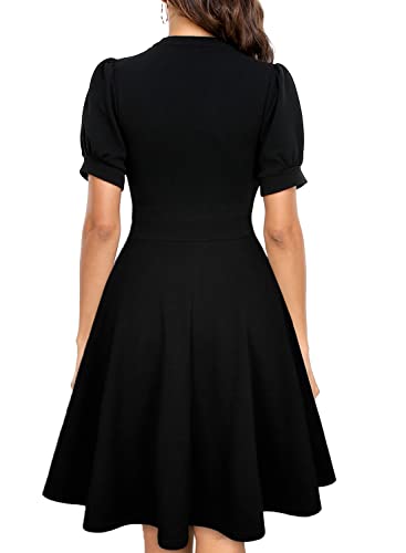 Mokayee Womens Summer Short Puff Sleeve Casual Semi-Formal Fit and Flare Church Wedding Guest Work Dresses with Pockets2