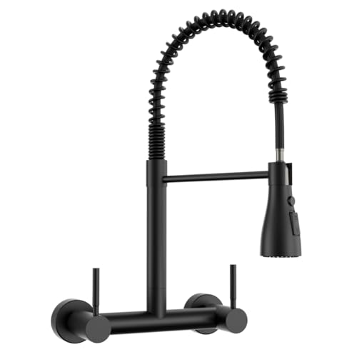 Image of Wall Mount Kitchen Faucet with Pull Down Sprayer 3 Functions, 304 Stainless Steel Wall Mount Faucet 8 Inch Center, 2 Handle Kitchen Sink Faucet High Arc 360 Swivel, Matte Black