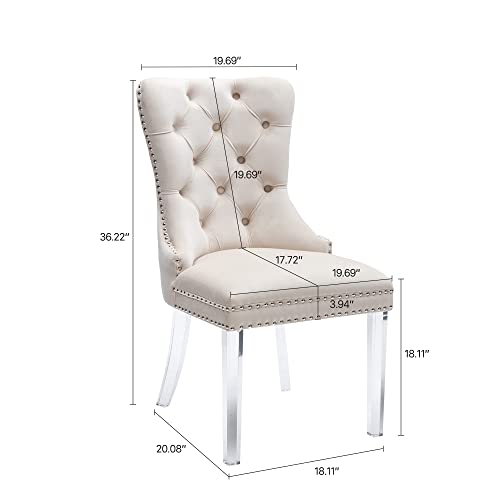 Civama Dining Chairs Set Of 4, Velvet Nikki Collection Dining Room Chair Upholstered Modern Luxury Tufted With Nailhead Trim Back Pull Ring Acrylic Legs, Beige #TOP2