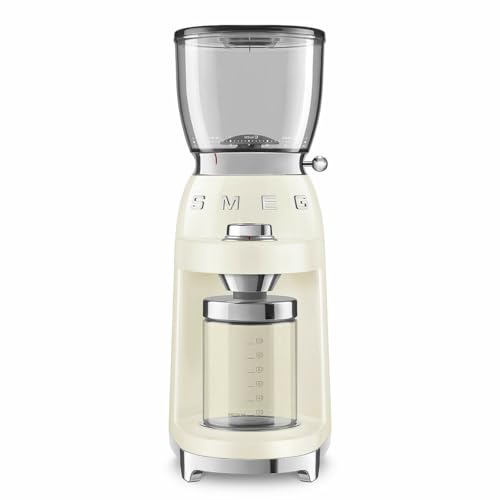 Smeg, Kaffeemühle CGF11CREU, konisches Edelstahlmahlwerk, 30 Mahlgrad Einstellungen, 350 g Kaffeebohnenbehälter, Premium Aluminium-Druckgussgehäuse, 150W, Creme