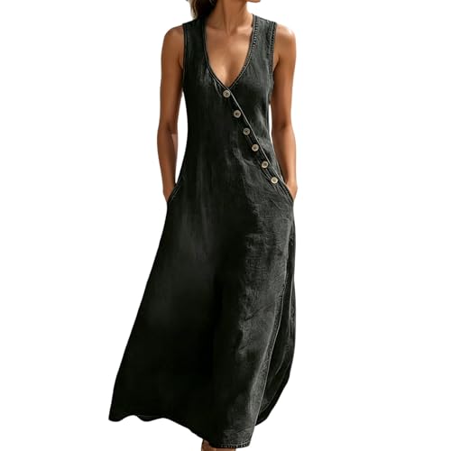 Robe longue en jean pour femme coupe trapèze et sans manches pour l'été