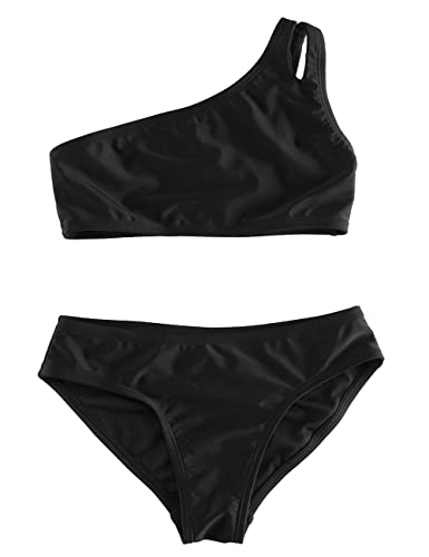 Image of DUSISHIDAN Girls Solid Color One Shoulder Bikini
