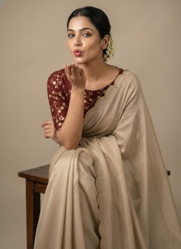 Image of Chinon Silk Saree with Embroidered Blouse, Traditional Georgette Saree, Elephant Embroidery Pattern, V-Neck Design, Free Size, Festival Wear