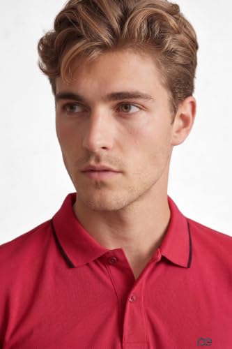 Image of Peter England Men's Snug Fit Solid Polo T-Shirt with Coloured Collar Tipping| Cotton Rich| Premium Pique Weave