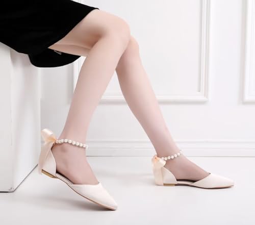 Image of Women's Bride Ballet Flats Satin Pointed Toe Pearl Ankle Strap Shoes