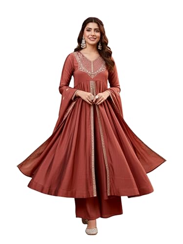 Image of MOKOSH Women's Silk Anarkali Kurta Pant with Dupatta | Anarkali Kurta Set | Embroidery | Indian Kurta Outfit With Pant | Ethnic Kurta | 3 Piece Outfit