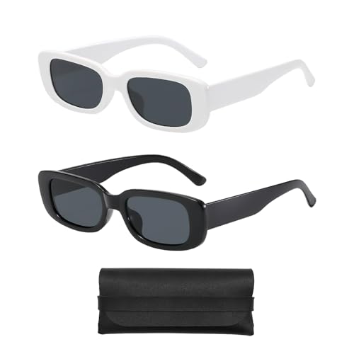 COACOM 2 Stück Quadratische Sonnenbrille Mit 1 Brillentasche, Y2k-Sonnenbrille, Rechteckige Schutzbrille, Modische Retro-Sonnenbrille Für Damen Und Herren (Schwarz, Weiß)