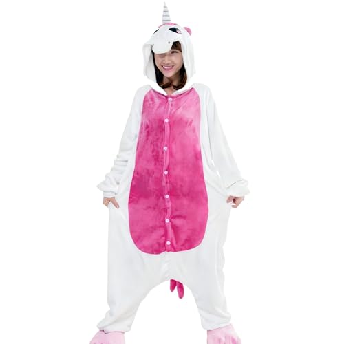 Ovender Kigurumi Deguisements Costume Pyjamas Cosplay Animaux Halloween Carnaval ou Spectacle de Noël Party Show Combinaison Unisexe Winter Zoo Adulte Femmes Hommes (M, Licorne Fuchsia Blanc)