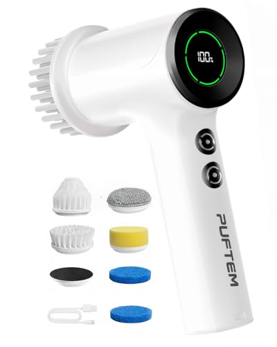 Image of PUFTEM Shower Scrubber, Electric Spin Scrubber for Bathroom Cleaning - Cordless Shower Cleaner Brush with 6 Brush Heads, Dual-Direction Rotation, for Grout, Tile, Tub, Sink & Corners, White
