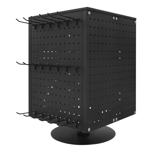banborba Pegboard Rotating Display Stand with 20 Hooks, 4 Sided Metal Spinning Peg Board Displays, Jewelry Earring Stands, Craft Keychain Rack, Necklace Holder for Retail Table Counter (Black)