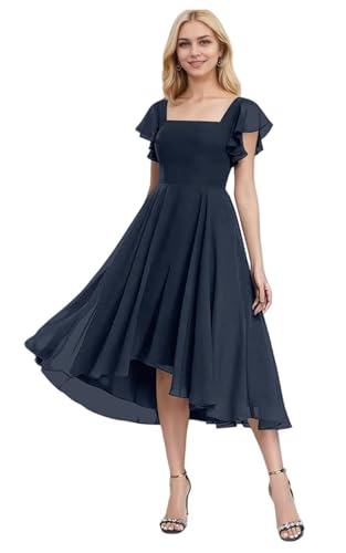 Chiffon Bridesmaid Dresses for Women High Low Prom Dress Flutter Sleeve Square Neck Tea Length Formal Dress