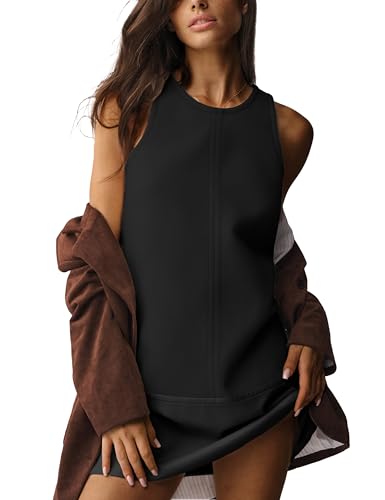 Image of Sleeveless Mini Dress for Women 2025 Fall Casual Beach Crew Neck Zip Up Tank Dresses