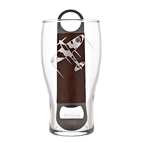 Officially Licensed Royal Air Force RAF Pint Glass & Bottle Opener Set - Spitfire - Etched Graphic Drinking Beer Glass Home Bar Kitchen & Dining for Men History & Aviation - 480ml / 16oz.