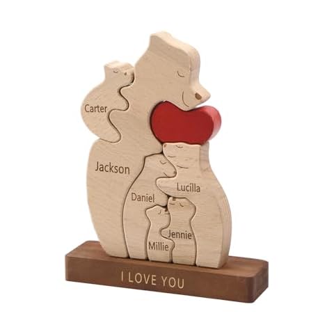 Nobelook Personalized Wooden Bear Ornament Family 2-6 Names Gifts for Friend Mother Grandma - Custom Wooden Bear Puzzle Figurine (6 Names) Cover
