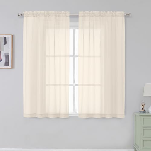 Image of Simplebrand Rod Pocket Top Solid Voile Sheer Curtains for Bedroom, 54 Inch Length Drapes Set of 2, Lightweight and Light Filtering Elegant Curtains Panels Window Treatment, 42Wx54L, Cream
