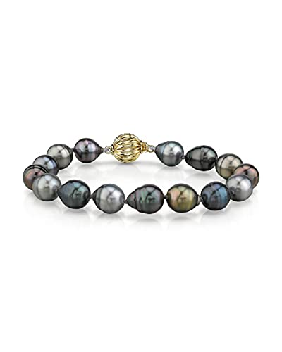 The Pearl Source 14K Gold 9-10mm Baroque Genuine Multicolor Tahitian South Sea Cultured Pearl Bracelet for Women