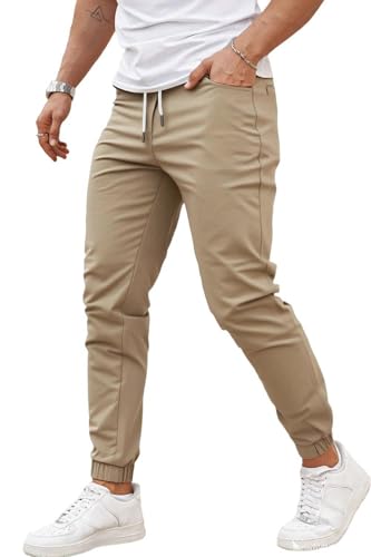GINGTTO Mens Slim Fit Joggers Tapered Fitted Pants Skinny Short Length Drill Pants Stretch Joggers Drawstring Khaki 32