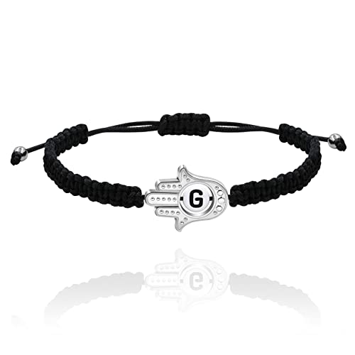 Image of Uloveido Customized A to Z 26 Letters Hand of Fatima Bracelet - Fatima Hamsa Hand Evil Eye Protection Bracelet Lucky Charm Adjustable Braided Black String