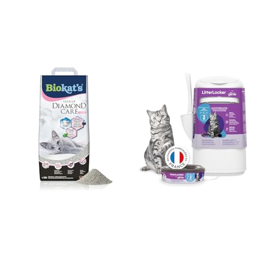 Litter Genie - LitterLocker THE ORIGINAL e Biokat's Diamond Care Lettiera fresca per gatti con profumo di borotalco, combo secchio per lettiera per gatti