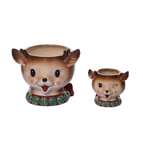 One Holiday Way 7.5-Inch Set of 2 Christmas Reindeer Chip and Dip Bowls – Ceramic Appetizer, Snack Xmas Candy Dishes Decorative Tableware