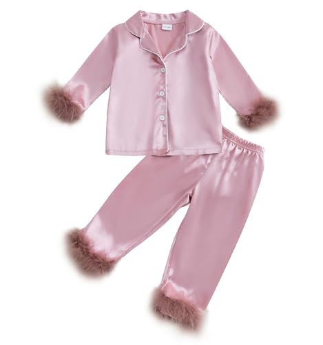Image of Qiylii 2-Piece Baby Girl Satin Pajamas Feather Trim Button-Up Pajamas Sleeper Silk Shirt Pant Toddler Long Nightgown