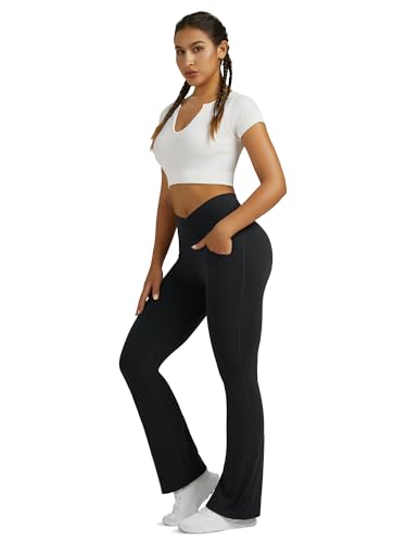 Image of Flare Leggings for Women with Pockets 2pack High Waisted Crossover Flare Leggings Bootcut Yoga Pants