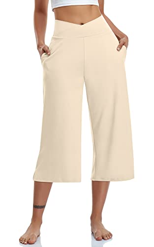 Image of TARSE Womens Casual Wide Leg Yoga Capris Crossover High Waist Capri Pants Loose Soft Pajama Pockets Sweatpants