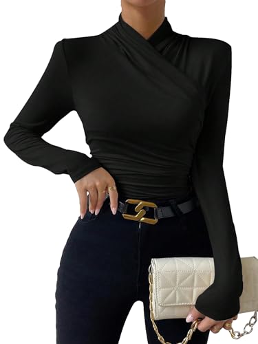 SweatyRocks Women's Ruched Mock Neck Long Sleeve T Shirt Solid Slim Fitted Tee Tops Black L