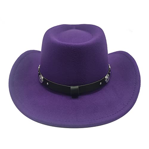 Image of Classic Western Cowboy Hat Cowgirl Hat Unisex Men's & Women's Wide Brim Felt Fedora Hat Flat Top with Buckle Belt
