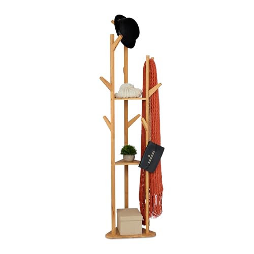 Relaxdays Garderobenständer dreieckig, mit 9 Haken, Bambus, 2...