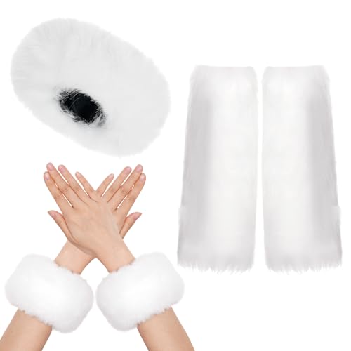 choyaxo Fur Headband Set Incluidng Fur Headband Fuzzy Leg Warmers Fluffy Wrist Cuff for Woman Winter