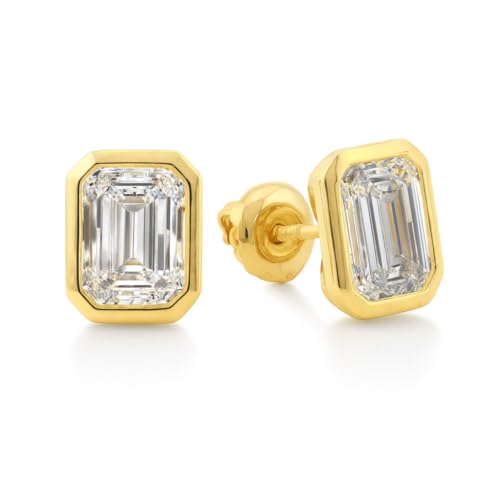 14K Solid Gold Lab Grown Moissanite Bezel Stud Earrings for Women | Round, Emerald, Cushion, Oval, Heart & Pear Cuts | Push Back & Screw Back | Hypoallergenic | Made in USA | Gift for Her