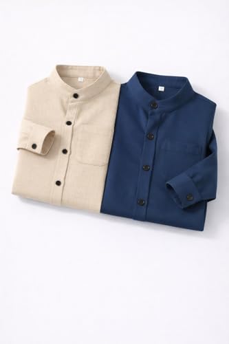 Image of Boys Mandarin Collar Shirt with Chest Pocket Beige and Rama Blue Color, Long Sleeve Button-Down Casual Shirt Pack of 2
