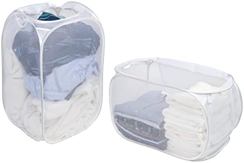 Smart Design Deluxe Collapsible Laundry Baskets – Holds Up to 3 Loads, White – Pop-Up Laundry Hamper Stands or Lays for Easy Organization and Storage – Laundry Basket Made with Breathable Mesh