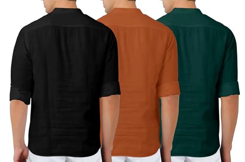 Image of Zombom Combo of Men's Solid Cotton Polyester Blend Full Sleeve Mandarin /Chinese Collor Straight Kurta Shirt (Pack of 3)