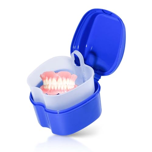 Image of KISEER Denture Bath Case Cup Box Holder Storage Soak Container with Strainer Basket for Travel Cleaning (Blue)