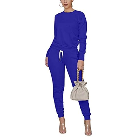 THLAI Women Solid Color 2 Piece Outfits Fall Crew Neck Pullover Top Long Pants Set Tracksuit Sportswear Sweatsuit - Blue - Small Cover