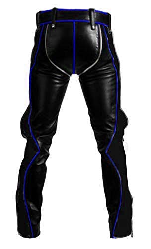 Sexy Real Black Blue Leather Heavy Duty Bondage Pants Jeans BLUF Gay2