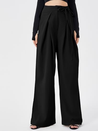 Women's Casual High Waist Wide Leg Pleated Pants Tie Waist Trousers3