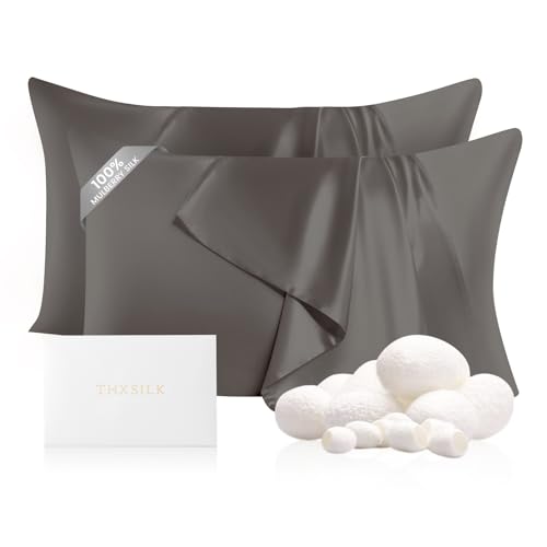 Image of THXSILK Set of 2 100% Mulberry Silk Pillowcases for Hair and Skin, Both Sides 22 Momme Pure Natural Silk Pillowcases, Soft Breathable Zipper Pillow Cases Queen Size 20 inchx30 inch, Dark Grey