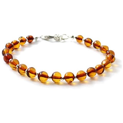 TipTopEco Baltic Amber Adult Bracelet with Silver - 7 inches - Polished Green Beads - Women or Men (Cognac, 7) Cover